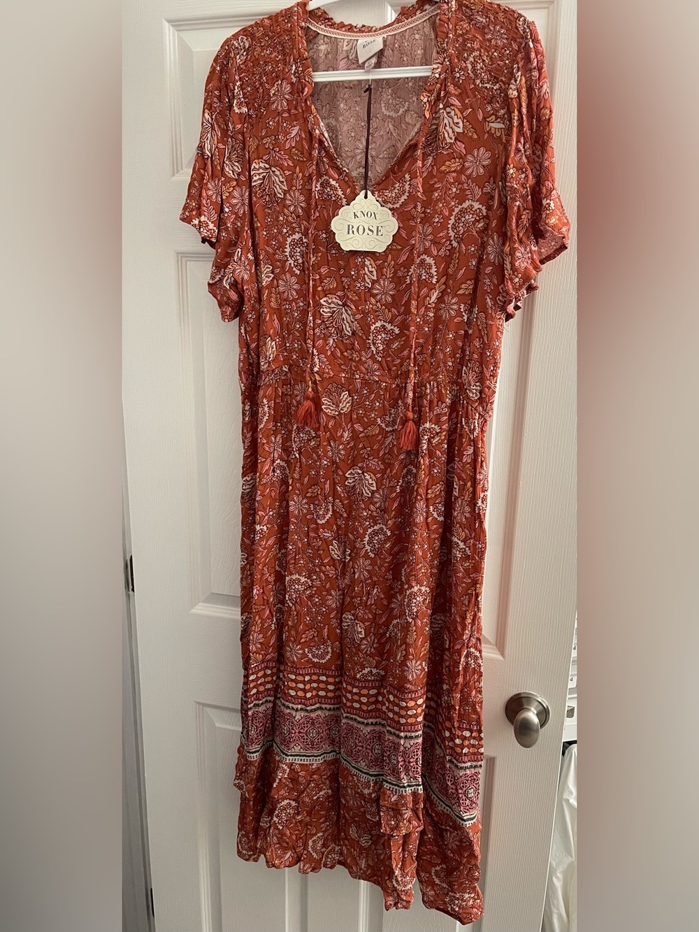Knox Rose Rust Orange Floral Maxi Dress with Tassels